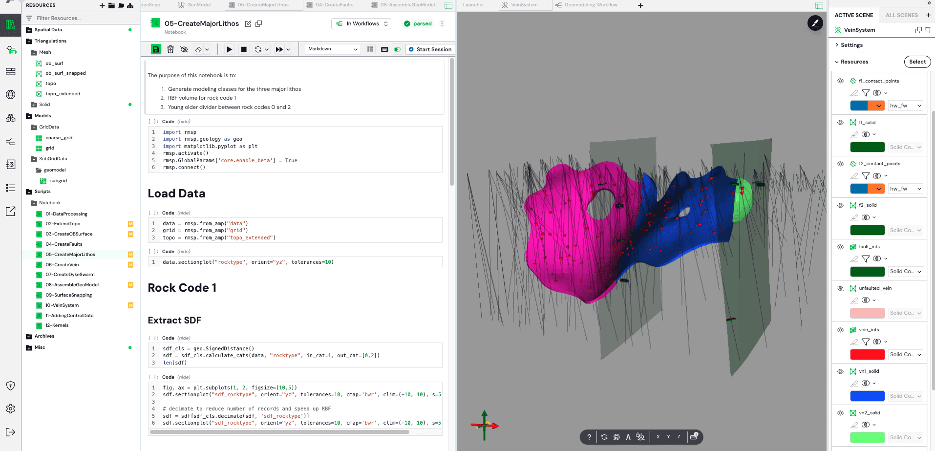 AMP with the resource tree, a geology modeling notebook and a 3D scene of vein and fault solids
