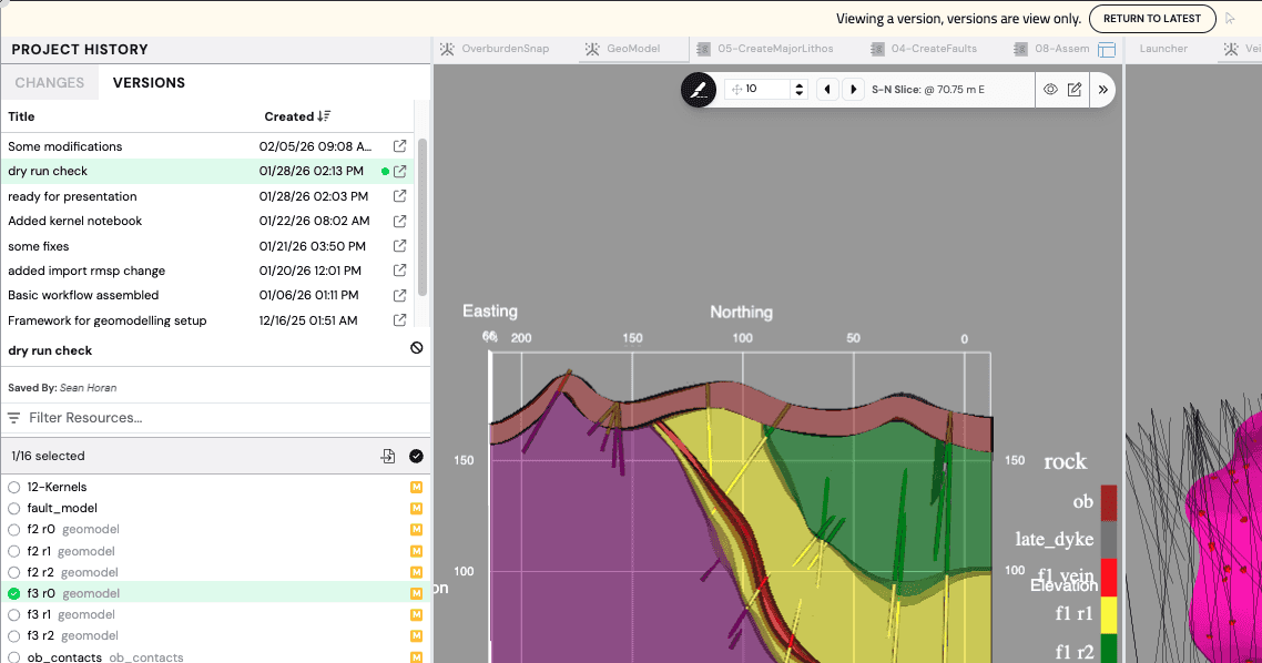 AMP project history listing saved versions next to a geological section