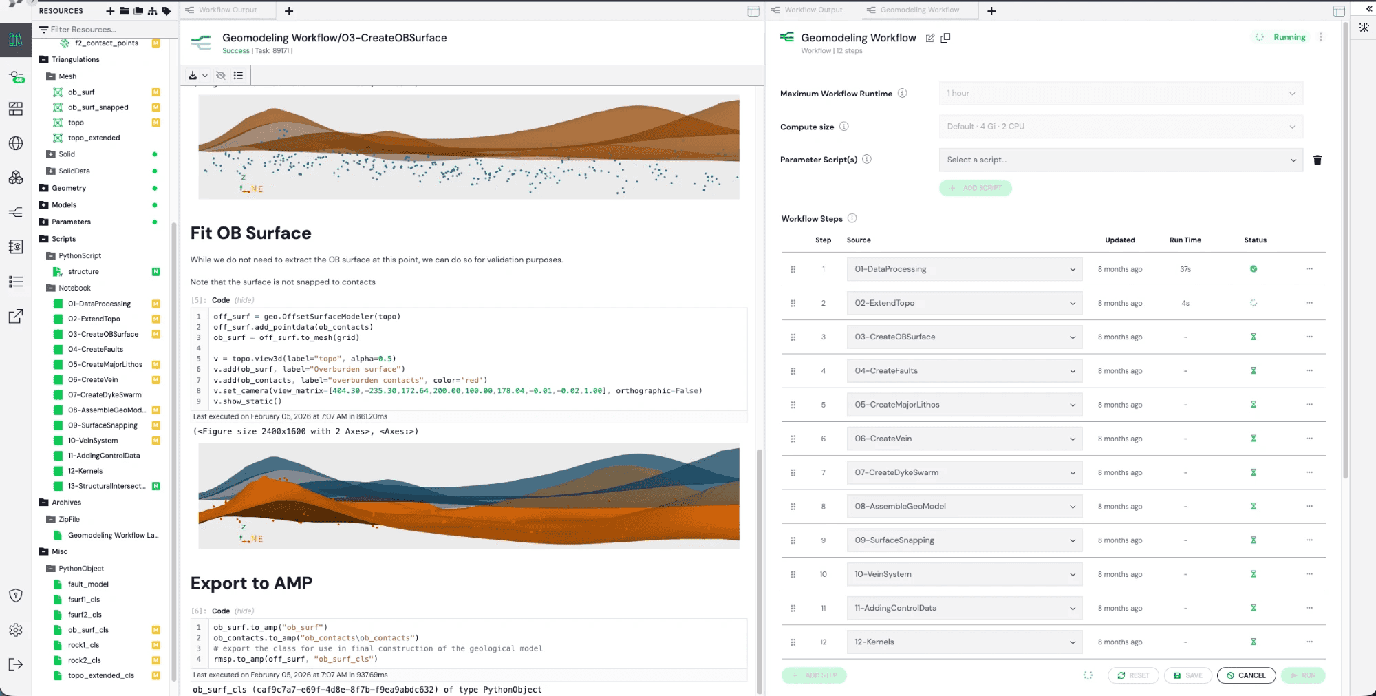An AMP workflow running twelve geology modeling notebooks in sequence, beside the output of one step