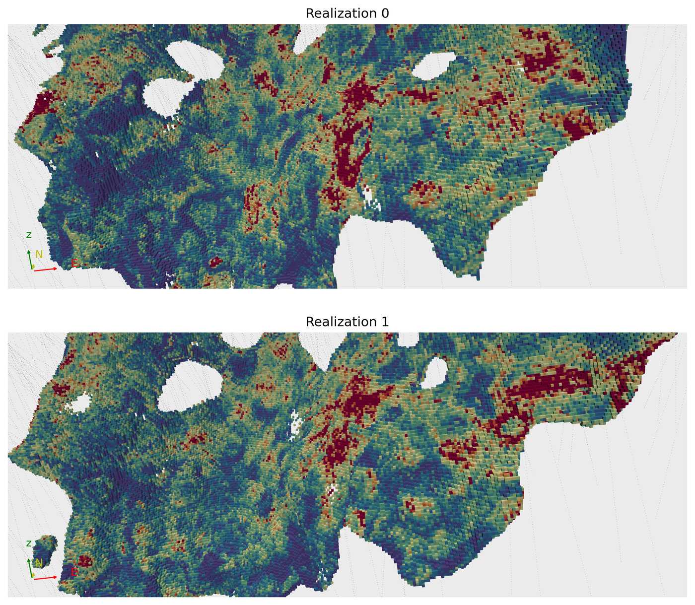 Two simulated gold realizations within the vein, showing equally likely grade distributions