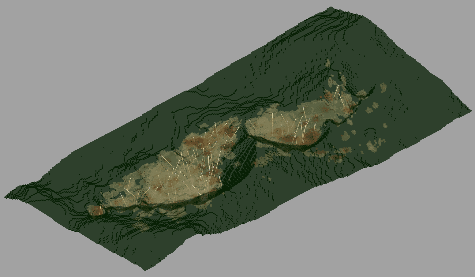 Optimized pit cut into topography with the grade model and drill holes